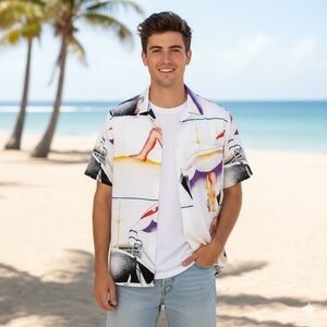 Cherokee NWT VTG Novelty AOP Crisp Button Up Pocket Artsy Beach Collard Shirt